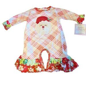 Baby Girls Ann Loren Christmas Romper With Santa Design & Ruffle Accents